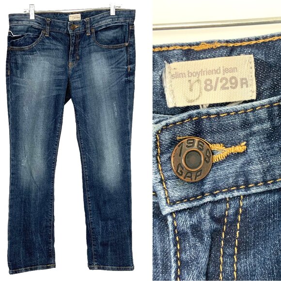 New GAP 1969 Boyfriend Distressed Slim Straight Leg Jeans Size 8 - Picture 1 of 16